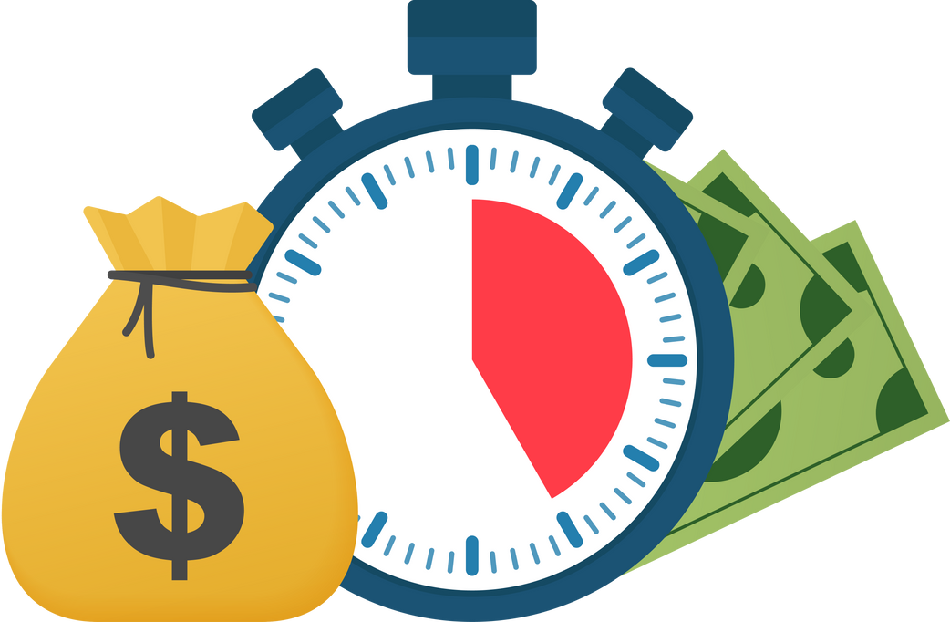 Quick credit. Clock and bag, time is money, fast loan, payment period, savings account. Vector stock illustration.